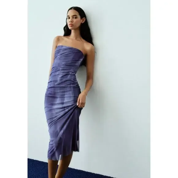 zara purple strapless dress ZARA PURPLE VOLUMINOUS MINI DRESS XS NWT